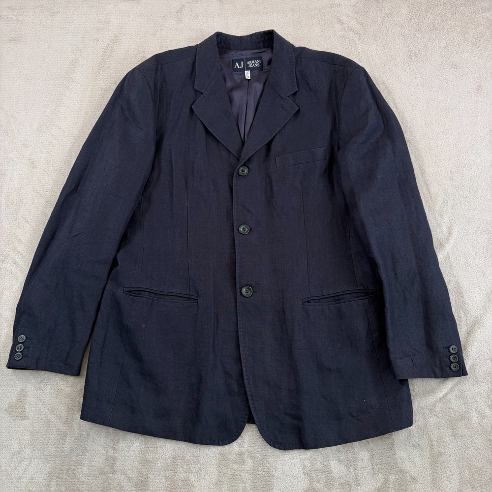 Vintage Armani Jeans AJ Sports Coat Blazer‎ Jacket Men US38 (Meas. 46) Navy Hemp